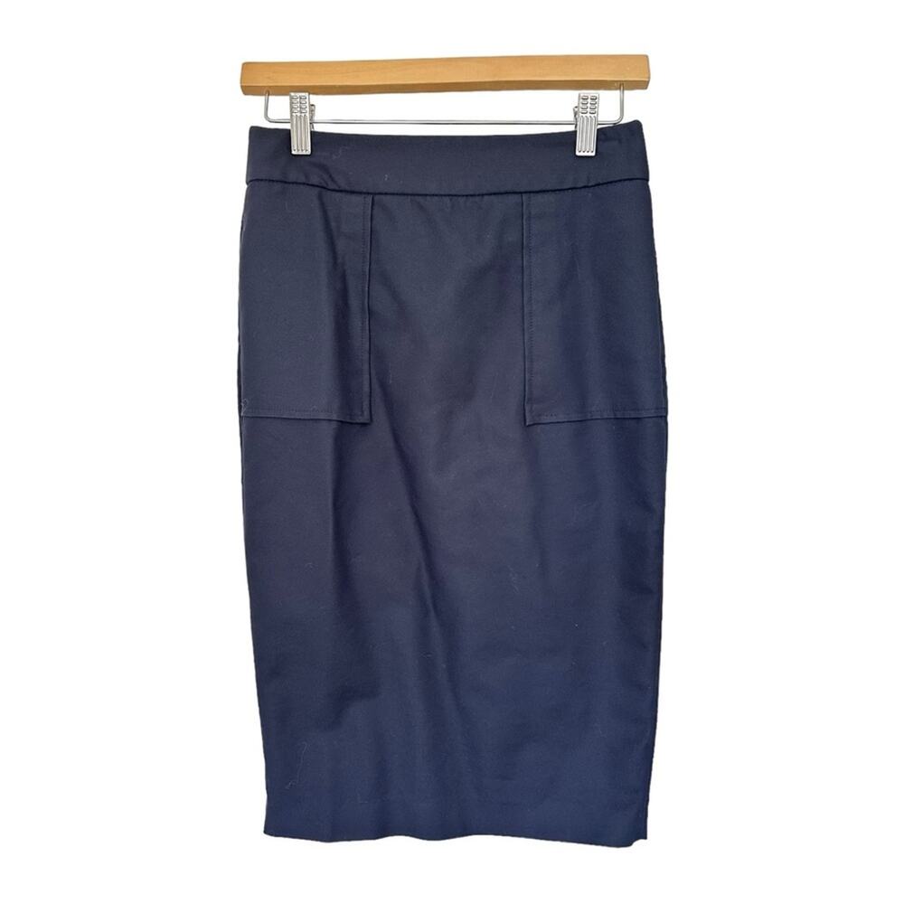 Zara Basic Navy Blue Pencil Skirt Exposed Back Zipper Midi  Faux Pockets Size Sm